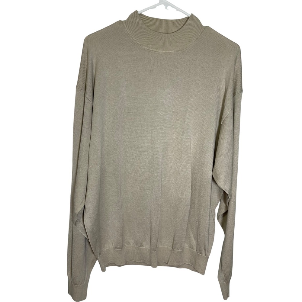 Pronto Uomo XL Tan Mock Neck Sweater Silk Cotton Knit Minimalist Quiet Luxury